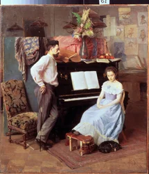 ""Umělec a jeho žena"" Mladá žena se sklopenýma očima sedí u klavíru pod pohledem svého manžela. Obraz Michaila Ignatieva (1870-1934) kolem roku 1900 Oblastní galerie umění, Vologda