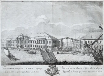 Pohled na druhý zimní palác s kanálem spojujícím Moiku s Něvou, 1753