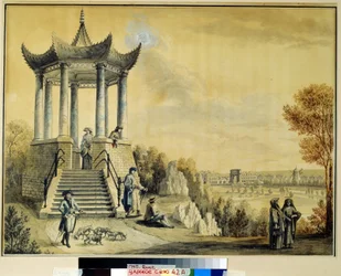 Pavilon Grand Caprice v parku Catherine v Tsarkoye Selo. Dílo Michaila Matveeviče Ivanova (1758-1823), akvarel a křída na papíře, konec 18. století. Ruské umění 18. století. Ins