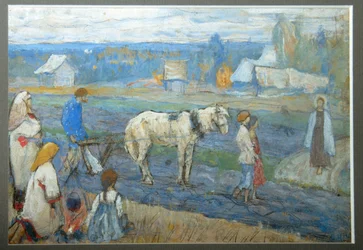 Na poli (Farmáři zastaví zemědělské práce před zjevením Ježíše na cestě) (Na poli) - Obraz Michaila Vasiljeviče Nesterova (1862-1942), kvaš na kartonu (15,8x24 cm)