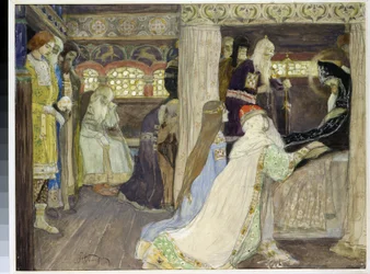 Smrt velkovévody Alexandra Něvského (1220-1263). (Smrt velkovévody Alexandra Něvského). Dílo Michaila Vasiljeviče Nesterova (1862-1942), akvarel a kvaš na papíře