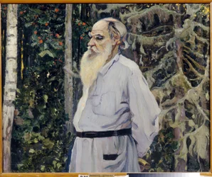 Portrét spisovatele Leona N. Tolstého (1828-1910) (Portrét autora Lva N. Tolstého). Obraz Michaila Vasiljeviče Nesterova (1862-1942), olej na plátně