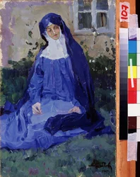 Jeptiška (Jeptiška). Dílo Michaila Vasiljeviče Nesterova (1862-1942), olej na kartonu