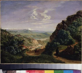 Pohled na Pjatigorsk, Rusko (Pohled na Pjatigorsk). Obraz Michaila Jurijeviče Lermontova (1814-1841), olej na plátně