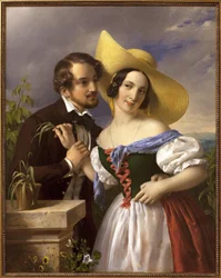 Milostný vtip Scéna svádění a flirtování. Obraz Miklose Barabase (1810-1898), olej na plátně