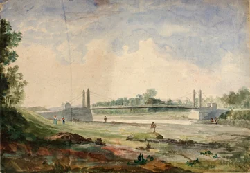 Visutý most přes Arno, poblíž Cascine, Florencie, 19. století.