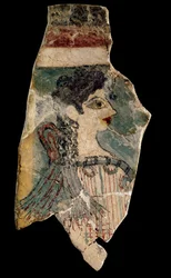 Pařížanka: Fragment fresky zobrazující kněžku z profilu. Z Knóssu. Mínojské umění, kolem 1500-1450 př. n. l. Archeologické muzeum v Irakliu. Kréta, Řecko.