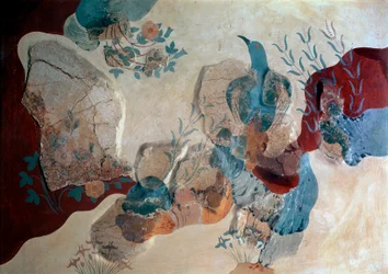 Mínojské umění: „Modrý pták“. Fragment fresky z Domu fresek. 1500 př. n. l. Heraklion, Archeologické muzeum, Kréta - Mínojské umění: modrý pták. Fragment fresky zobrazující ptáka mezi skalami, planými růžemi a kosatci z Domu fresek