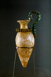 Minojské umění: rhython nebo rhyton nebo rython (váza s přístrojem) z horského křišťálu a mědi z pokladnice svatyně Zakros na Krétě. 1700-1400 př.nl, archeologické muzeum - minojské umění: horský křišťál a měděný rhyton (rituální postřikovač) z pokladu