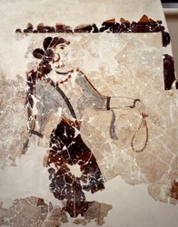 Mínojská civilizace: ženy při uctívání. Detail. Freska z očistné nádrže Xeste 3 v Akrotiri (Théra), Santorini. Rozměry 143 x 381 cm, 16. století př. n. l. Santorini, Sbírka fresek z Akrotiri na Théře