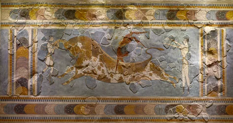 Detail fresky se skokem přes býka. Nalezeno v Knóssu