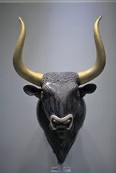 Minojské umění. Rhyton s býčí hlavou. Tento rhyton byl nalezen v malém paláci v Knossu. Je charakteristickým příkladem minojského kamenického řezbářství z raného neopalácového období. Je to úlitbová nádoba, která se plnila příslušnou tekutinou otvorem.