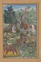 Bahram Gur vidí stádo jelenů fascinované Dilaramovou hudbou, Folio z..., 1597-98.