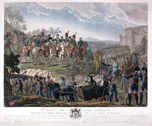 Napoleon vzdávající hold odvaze poražených, během kapitulace Ulmu, 20. října 1805 (barevná rytina)