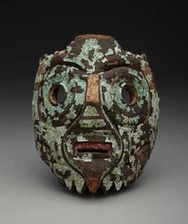 Maska, možná Tlaloc, kolem 1350-1521 (dřevo, tyrkys, skořápka, lignit a pryskyřice)