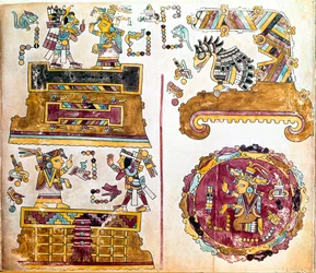 Mixtécká civilizace: Mixtécký kodex s ilustracemi každodenních činností - Předkolumbijské umění, smíšená civilizace: scenes de vie quotidienne - Detail kopie Codexu Vindobonensis neboli vídeňského kodexu zaslaného Hernanem Cortesem Karlu V. v roce 1519 - M