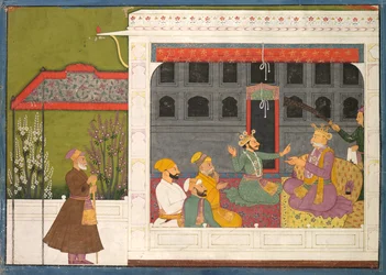 Shishupal Hádka s otcem Rukmini, Bhishmaka, stránka ze série Rukmani Mangal, c. 1800.
