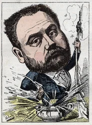 Portrét Emila Zoly (1840-1902) francouzského spisovatele v „“Le Trombinoscope““ od Touchatout, karikatura B. Molocha z roku 1882 (1849-1909). Soukromá sbírka.