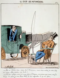 ON. EX. EX. Motoredons: Cartoon dopravy ve městě. Kočí platí včas a zastaví se v kavárně, aby si dal ránu pod chřtánem buržoazie, kterou vozí. Kresba Molocha (1849-1909), kolem roku 1860.