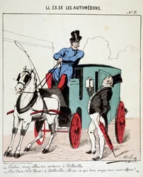 ON. EX. EX. Motoredons: Cartoon dopravy ve městě. Kočí odmítá vzít buržoaze do Belleville (Quartier de Paris). Kresba Molocha (1849-1909), kolem roku 1860.