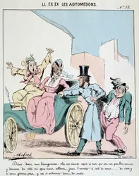 ON. EX. EX. Motoredons: Cartoon dopravy ve městě. Kočí vezme opilého přítele do kočáru vedle dvou zděšených měšťanek. Kresba Molocha (1849-1909), kolem roku 1860.