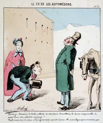 ON. EX. EX. Motoredons: Cartoon dopravy ve městě. Muž prosí kočího, aby ho a jeho ženu převezl. Povýšený kočí odmítne ženě dovolit nastoupit. Kresba Molocha (1849-1909), kolem roku 1860.