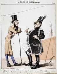 ON. EX. EX. Motoredons: Cartoon dopravy ve městě. Dva cocherové si povídají u sklenky alkoholu, místo aby vezli cestující. Kresba Molocha (1849-1909), kolem roku 1860.