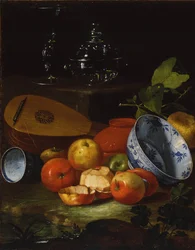 Mandolína, šálek a miska, porcelán, jablka, 1706