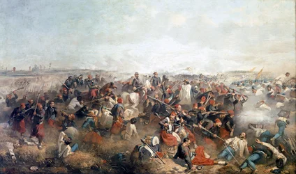 Bitva u Palestry: Zouaves. Uprostřed Viktor Emanuel II.