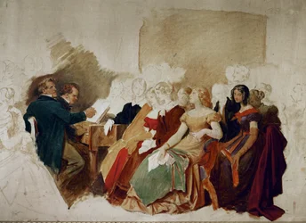 Večer u barona Spauna, Schubert u klavíru, vedle něj tenorista Johann Michael Vogl... (akvarel)
