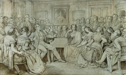 Večer u barona Spauna, Schubert u klavíru, zpívá tenorista Johann Michael Vogl... (tuš, sépie)