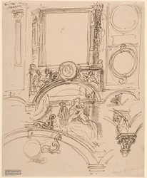 Architektonické detaily nástěnné dekorace s císařovnou Marií Terezií objímající mladého Wolfganga Amadea Mozarta, asi 1864 (pero a tuš)