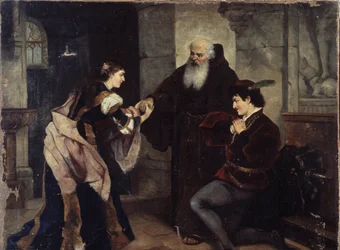 Sňatek Romea a Julie. Scéna inspirovaná divadelní hrou Williama Shakespeara (1564-1616). Obraz Moritze Ludwiga von Schwinda (1804-1871), olej na plátně, rakouské umění, polovina 19. století, romantismus. Muzeum historie a umění, Čerepovec