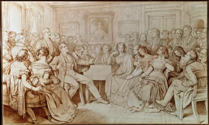 Skladatel Franz schubert doprovází tenoristu Johanna Michaela Vogla na hudebním večeru v Baron von Spaun (Kresba