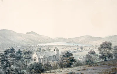 Pohled na jezírko Bala Pool, Llyntagit, z kostela Llanfawr, Meirionethshire