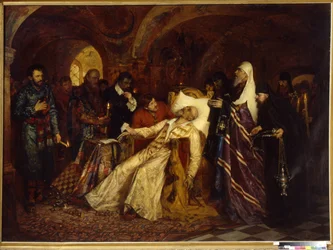 Metropolita zasvětí ruského cara Ivana IV., známého jako Le Terrible (1530-1584) (Metropolitní vysvěcení cara Ivana Hrozného do Velkého schématu). Obraz Moisei Lvovič Maimon (1860-1924), olej na plátně