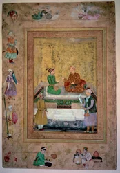 Art India: Akbar (1542-1605) a jeho syn Jahangir (1569-1627). Kvaš na papíře 0,213 x 0,141 m. Mongolská škola