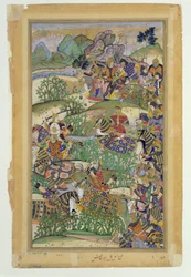 Císař Akbar (r.1556-1605) v bitvě u Samal v roce 1572, z Akbarnamy vyrobené Abul Fazi, 1590-98 (neprůhledné wc a zlato na papíře)