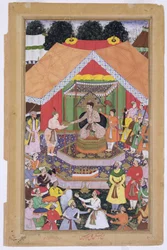 Císař Akbar (r.1556-1605) pohoštěný svým nevlastním bratrem Azim Chánem v Dipalpur, Paňdžáb, 1571, z Akbarnamy vyrobené Abul Fazi, 1590-98 (neprůhledné wc a zlato na papíře)
