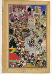 Císař Akbar (r.1556-1605) zastřelil Saimala při obléhání Chitova v roce 1567 z Akbarnamy vyrobeného Abulem Fazi, 1590-98 (neprůhledné wc a zlato na papíře)