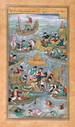 Sultan Bahadur a Rumi Khan skáčou do moře, když jsou obklopeni portugalskými loděmi, z Akbarnamy