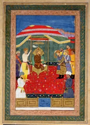 Mughalský císař Babur (1526-30) sedící na trůnu a přijímá prince, Johnson Album I, č. 3 s číslem 65