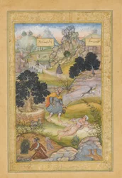 Muslimský poutník se učí lekci zbožnosti od bráhmana, folio od khamsy..., 1597-98