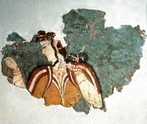 Mykénské umění: „Dáma z Mykén“. Freska zobrazující kurtizánu ze soukromého domu na akropoli. 13. století př. n. l. Národní archeologické muzeum, Athény (inv. 11670)