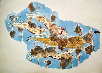 Freska zobrazující loveckou scénu, z Tiryns, Řecko