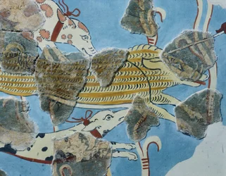 Freska z paláce Tirinto (Řecko). Detail: skupina psů útočících na divočáka. Mykénská civilizace