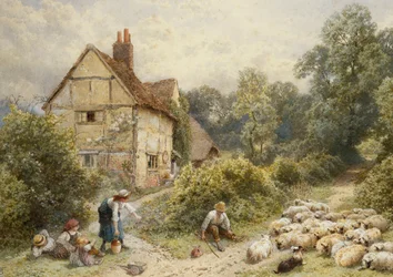 Farma Fowl House, Witley, s dětmi, pastýřem a stádem ovcí poblíž