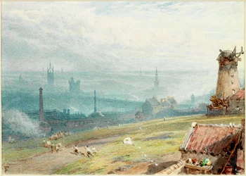 Newcastle upon Tyne z Windmill Hills, Gateshead (tělová barva a akvarel na papíře (nalepeno na desce))