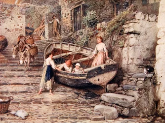 Pohled na Clovelly, s uvízlým člunem a postavami, 1882