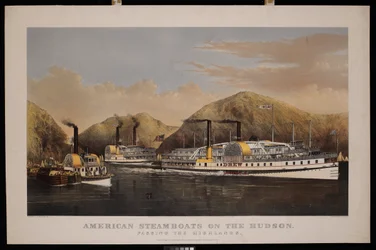 Americké parníky na Hudsonu. Passing the Highlands. Drew, St John a Excelsior